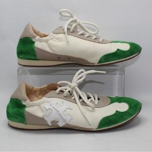 Tory Burch Tory Trainer Women's Sneakers White Grass Green Suede Leather 8M